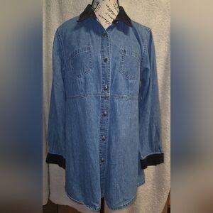 Vintage New Addition Maternity Long Sleeve Blue Denim Shirt  Corduroy Trim Sz S